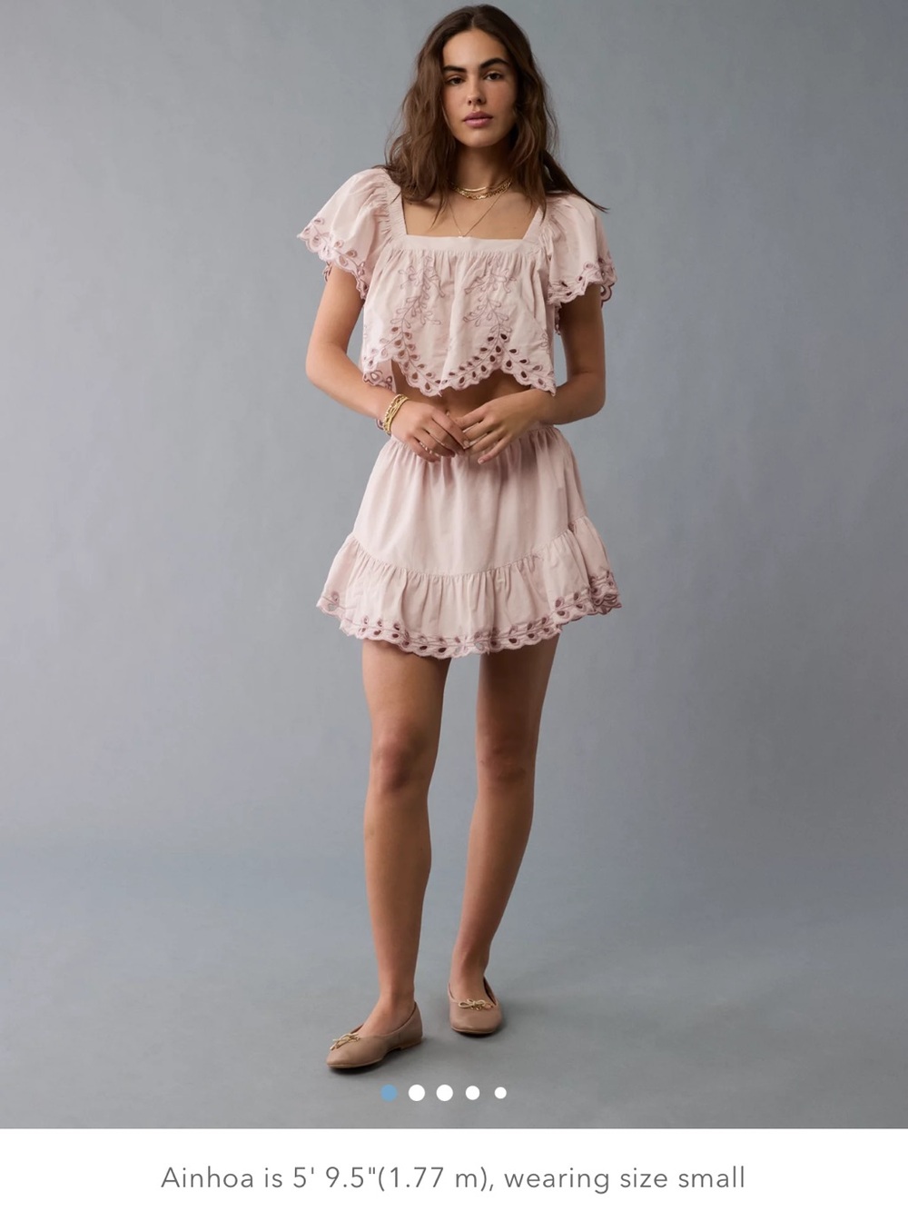AE NWT Hushed Violet Embroidered Eyelet Tie Back Crop Top And Skirt Set Sz S